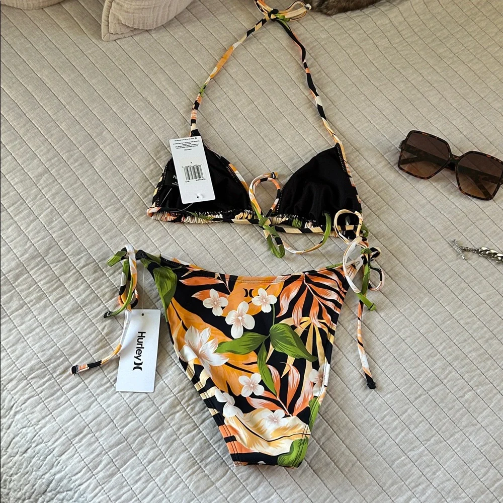 NWT Hurley black tropical floral triangle halter top tie side bikini set Large - Picture 4 of 10